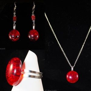 Red Crackle Glass Marble Cabochon Jewelry Set